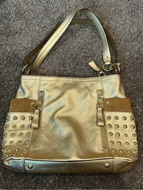 NWOT B. Makowsky Metallic Gold Leather Studded Hobo Bag - Boho Rocker